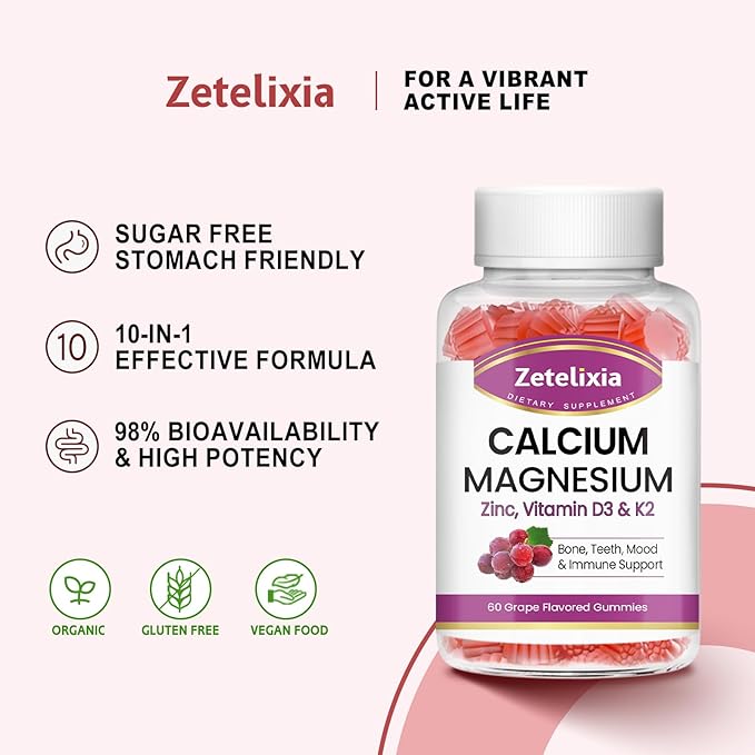 Calcium Gummies, Calcium Magnesium Zinc with Vitamin D3 & K2, Calcium Magnesium Supplement for B0nes Muscles, Grape Flavor - 60 Count
