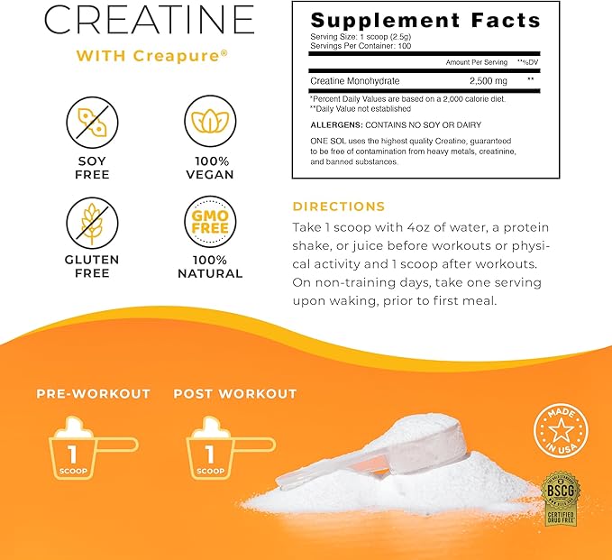 One Sol Creatine for Women Booty Gain, All Natural Women's Creatine Powder with Creapure, Increase Lean Muscle Mass, Reduce Recovery Time, Promotes Brain & Bone Health (Unflavored, 100 Servings)