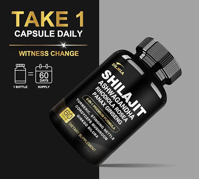 8-in-1 Shilajit for Men with Ashwaganda Himalayan Organic Supplement with Rhodiola Rosea, Ginseng, Turmeric, Mushroom Extract, for Immune Support, Energy, Calm, Focus, Clarity, Sleep, Cortisol