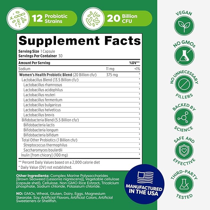 Probulin Womens Probiotic - Vaginal, UT, Gut & Immune Health with Lactobacillus Reuteri - 20 Billion CFU, 12 Probiotic Strains & Prebiotics - 30 Vegan, Gluten Free Capsules for Whole-Body Wellness