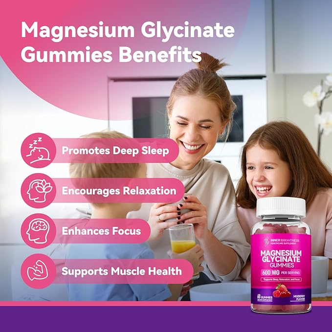 Magnesium Glycinate Gummies 600mg, Non-GMO, Gluten-Free, Magnesium Gummies for Adults & Kids, Sleep, Relaxation & Focus, Mixed Berry Flavor, 60 Count