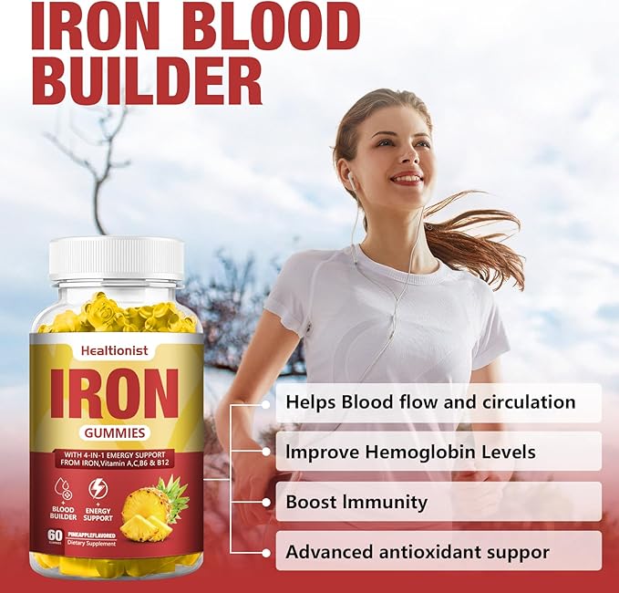 1 Pack Vegan 100Mg Iron Supplements Gummies for Women & Men - Blood Builder & Energy Support for Iron Deficiency, Anemia - Vitamin C, A, B for Adults & Kids, 60 Counts Pineapple Flavor