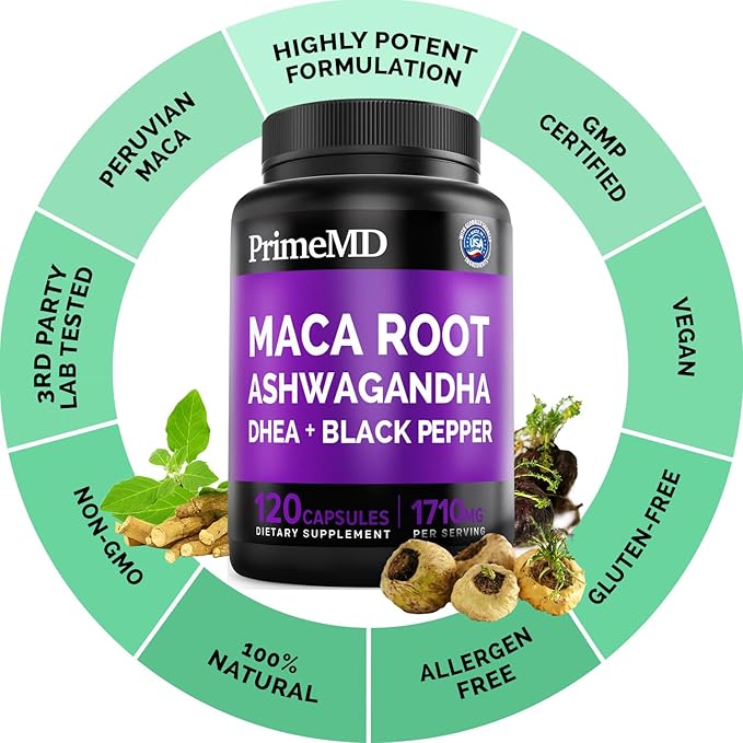 6-in-1 Organic Maca Root Ashwagandha Capsules 1710mg with DHEA and Black Pepper Fruit Extract for Women and Men - Black Maca Supplement for Stamina, Bone and Mood Support Supplement, 120 count