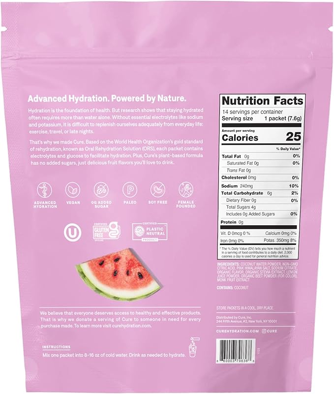 Cure Hydration | Plant-Based Electrolyte Drink Mix | No Added Sugar | FSA & HSA | Dehydration Relief Powder Made with Coconut Water | Non-GMO | Vegan | Pouch of 14 Packets - Waternelon