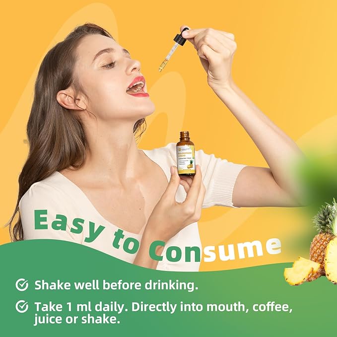 Magnesium Glycinate Liquid, High Absorption Magnesium Liquid Drops with Cellulose Fiber, Bromelain, Vitamin B6, C, D, Zinc, Magnesium Supplement for Kids and Adults, Pineapple Flavor, 1 Pack