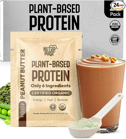 Organic Vegan Protein Powder Sample Pack – Plant-Based, Gluten-Free, Non-GMO, Dairy-Free, 32g Protein, Low-Carb, Keto-Friendly, Best for Smoothies & Shakes (Peanut Butter, 24 Pack)