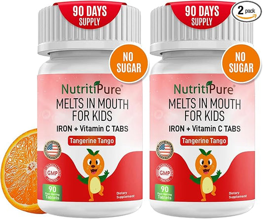 Chewable Iron Supplements for Kids (Ferronyl®/Carbonyl Iron 9 mg with Vitamin C 30 mg) Tablet in Tangerine Tango Orange Flavor Kids Iron Supplement 90 Count (2 Bottles)