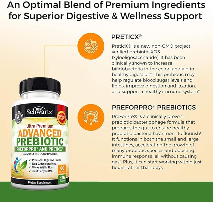 Prebiotics for Advanced Gut Health - Immune System Support & Dietary Fiber - Fuels Good Bacteria Growth to Promote Digestive Health - Gas & Digestion Support - Probiotics for Men & Women -120 Capsules