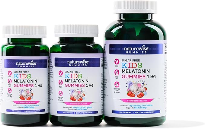 NatureWise Kids Melatonin 1 mg Sugar-Free Gummies for Children Ages 4 & Up - Non-Habit Forming Sleep Aid - Strawberry Flavored - Vegan, No Gluten, Non-GMO - 180 Count[6-Month Supply]