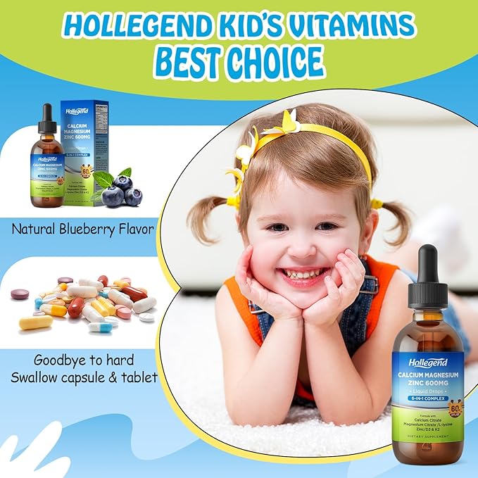Liquid Calcium Citrate Drops with L-Lysine 500mg, Magnesium & Zinc, Calcium Citrate 600mg Supplement with Vitamin D3 & K2 for Kids & Adults, 2 Fl Oz