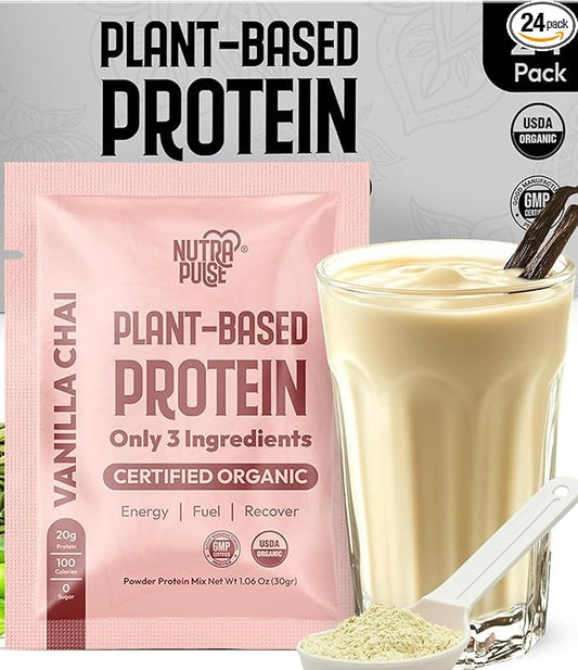 Organic Vegan Protein Powder Sample Pack – High-Protein Plant-Based Powder, Gluten-Free, Non-GMO, 30g Protein Per Serving – Ideal for Smoothies & Shakes (Vanilla Chai, 24 Pack)