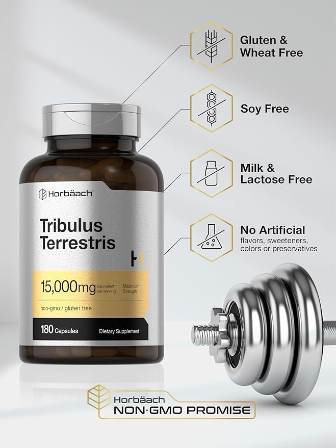 Horbäach Tribulus Terrestris for Men 15000mg | 180 Capsules | Maximum Strength | Non-GMO, Gluten Free Extract Supplement