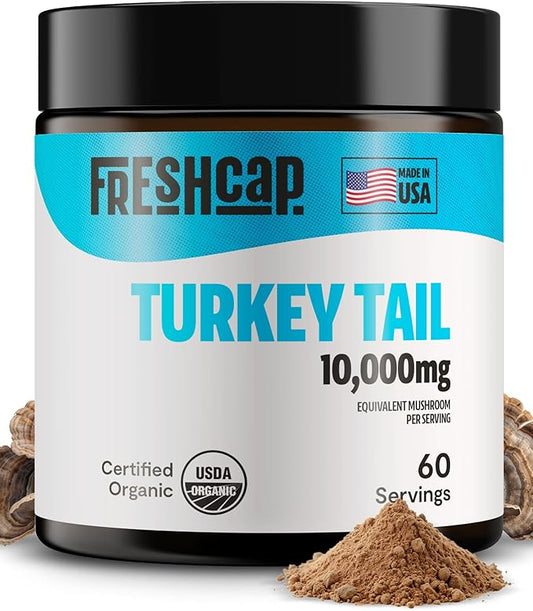 FreshCap Turkey Tail Mushroom Powder 10,000mg - Turkey Tail Supplement Mushroom Extract for Immune Support, Ayurveda Nootropic Supplement (60 Servings)