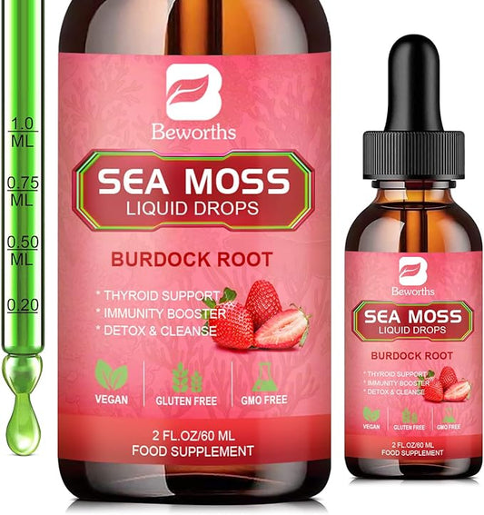 Sea Moss Liquid Drops - Organic Irish Sea Moss Gel with Spirulina, Bladderwrack, Burdock Root, Seamoss Gel Supplement for Immune, Joint, Detox Cleanse & Digestion Support - 2 Fl Oz, Vegan