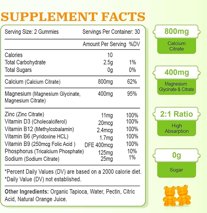 Calcium Magnesium Zinc Gummies, Calcium Magnesium 2:1 Ratio with Vitamin D3 & B12 for Support Muscle, Mood and Immunity, 60 Vegan Orange Flavor Gummies