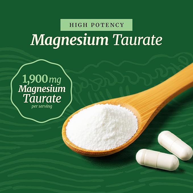 Magnesium Taurate 1900MG | Heart Health and Relaxation Support | 150MG Elemental Magnesium Per Serving | High Absorption Mag Taurate with Vitamin B6 + Black Pepper | Non-GMO | 60 Ct (1 Month Supply)