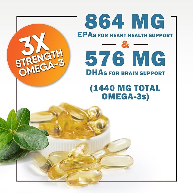 Triple Strength Omega 3 Fish Oil - 2400 mg Natural Omega-3 Supplements Support Brain, Heart & Joint Health with EPA & DHA Essential Fatty Acids - Lemon Flavor, Burpless, Wild Caught - 180 Softgels