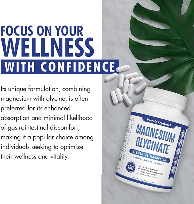 Purely Optimal Magnesium Glycinate 500mg - Premium Non-Buffered Supplement for Sleep, Calm & Muscle Function Support, 120 Easy-to-Swallow Capsules - High Absorption & Gentle on Stomach