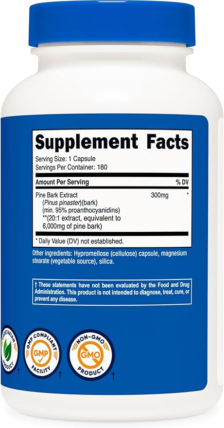 Nutricost Pine Bark Extract 6000mg Equivalent, 180 Capsules, 300mg Standardized to Contain 95% Proanthocyanidins - Vegetarian, Non-GMO and Gluten Free
