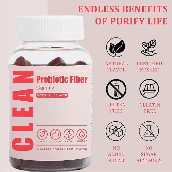 Clean Prebiotic Fiber Gummy, Clean Fiber Gummies for Men, Men Prebiotic Supplement for Digestive Gut Health, Non-GMO, 60 Gummies / 4g Fibers Per Serving