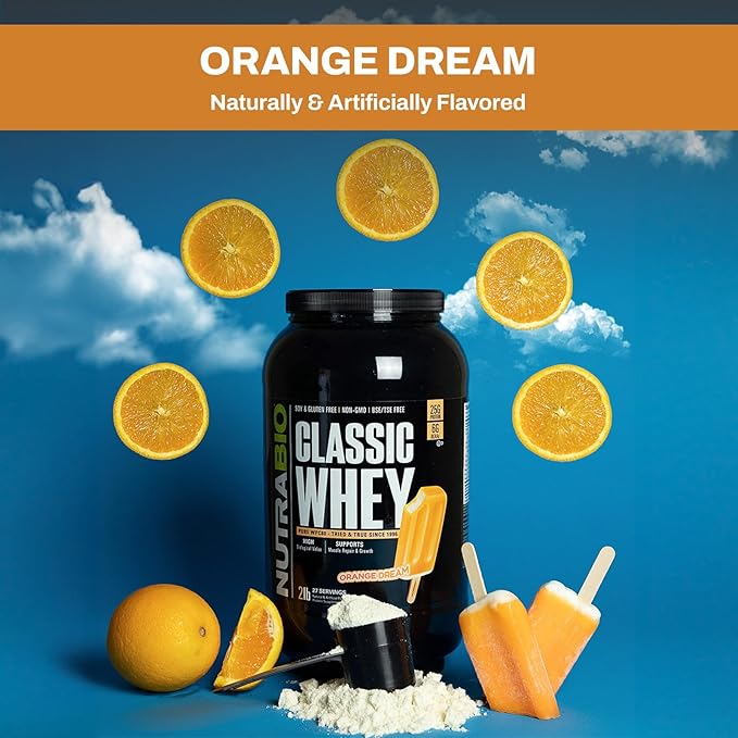 NutraBio Classic Whey Protein Powder- 25G of Protein Per Scoop - Full-Spectrum Amino Acid Profile - No Fillers, Artificial Colors, Preservatives - Orange Dream, 5 Pounds