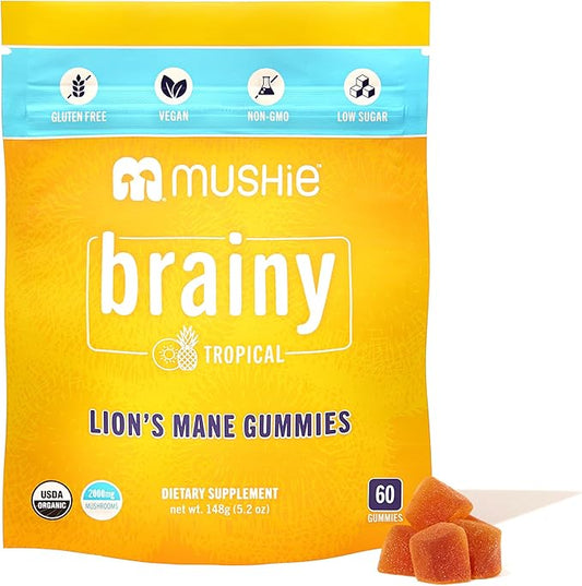 Mushie 100% Organic Lion’s Mane Mushroom Gummies for Adults & Kids Focus - 2000mg Lions Mane Nootropic for Brain, Cognitive, Memory & Immune Support - Vegan, Gluten-Free - 60 Count