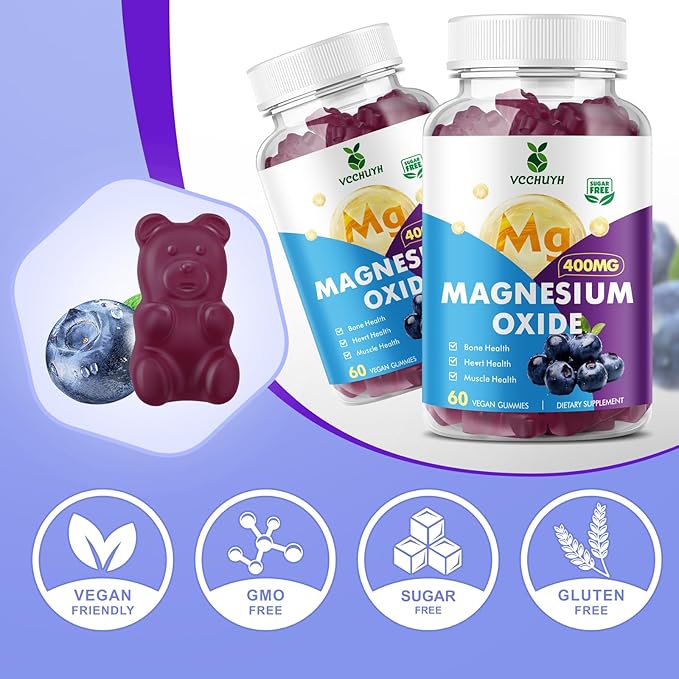 Magnesium Oxide Gummies 400mg, Sugar Free Magnesium Oxide Supplement for Adults & Kids, Muscle Support & Energy Boost, Non GMO, Blueberry Flavor 120 Count