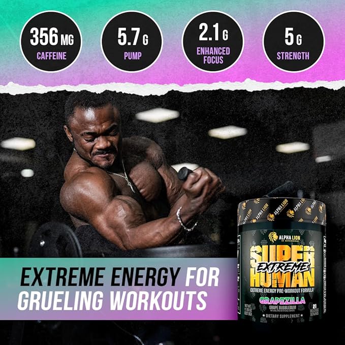 ALPHA LION Superhuman Extreme High Stim Pre Workout Powder, Beta Alanine, L-Taurine & 356mg Tri-Source Caffeine for Sustained Energy, Nitric Oxide & Citrulline for Pump (21 Servings, Grape Flavor)