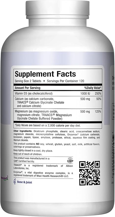Maxi Health 500 mg Calcium Supplement with Vitamin D3 (1000 IU) and Magnesium (500 mg) - Bone, Teeth and Joint Support for Men and Women - 240 Tablets