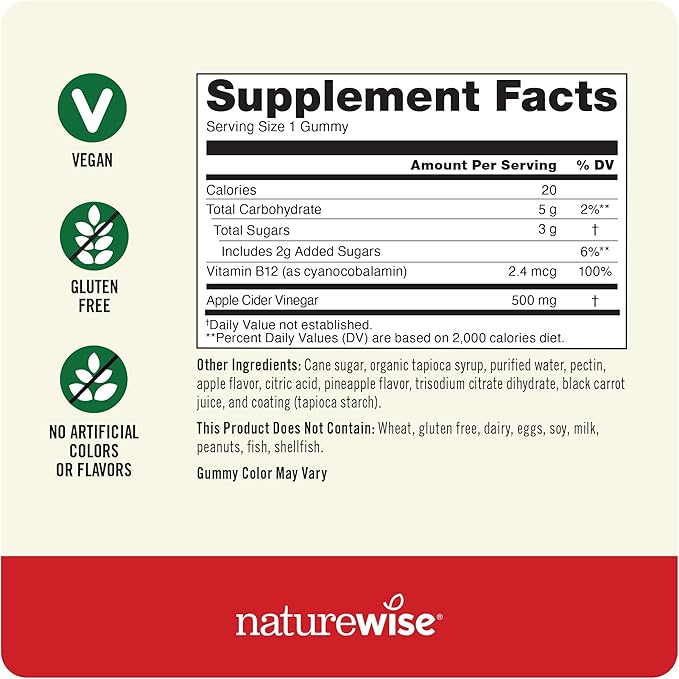 NatureWise Apple Cider Vinegar Gummies - 1000mg ACV per 2 + Vitamin B12 - Pectin Based Vegan, Gluten-Free, Non-GMO -90 Count[45-Day Supply for 1000mg or 3-Months for 500mg]