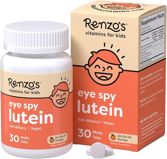 Renzo's Eye Spy Lutein with Bilberry Extract, Dissolvable Kids Vitamins for Eye Health, Sugar-Free Supplements, 30 Orange-Flavored Melty Tabs