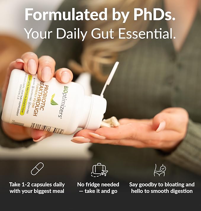 BIOptimizers Probiotic Breakthrough, Proteolytic Prebiotics & Probiotics Supplement – Lactobacillus Plantarum OM for Immune, Bloating & Gut Relief Support, 120 Vegan Capsules