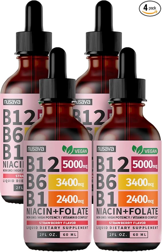 (4 Pack) Vitamin B12 and B6 Liquid Drops, B12 Sublingual Vitamin B Complex - B 12 Vitamin 5000mcg - B12 Methylcobalamin for Energy, Brain, and Heart Support with 27,200 mcg, Strawberry, 80 Servings