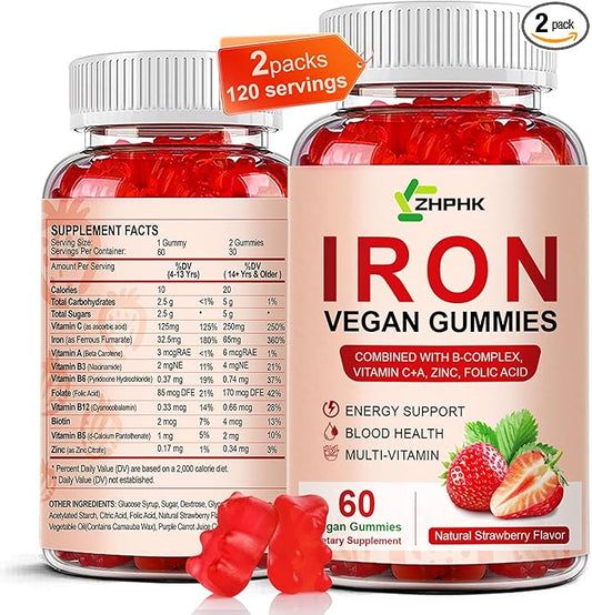 Iron Supplement Gummies for Women, Men & Kids, 65mg Iron & 250mg Vitamin C per Serving - Healthy Blood, Energy & Immune Support Iron Vitamin Gummy with Folate, 2 Pack
