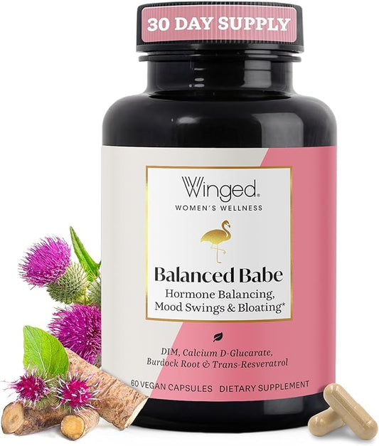 Winged Wellness Balance Babe, Hormone Balance & Estrogen Detox Supplement for Women - 100mg DIM & Calcium D-Glucarate & Milk Thistle for PMS Bloating, Crams, Mood & Hormonal Acne Support - 60 Capsules