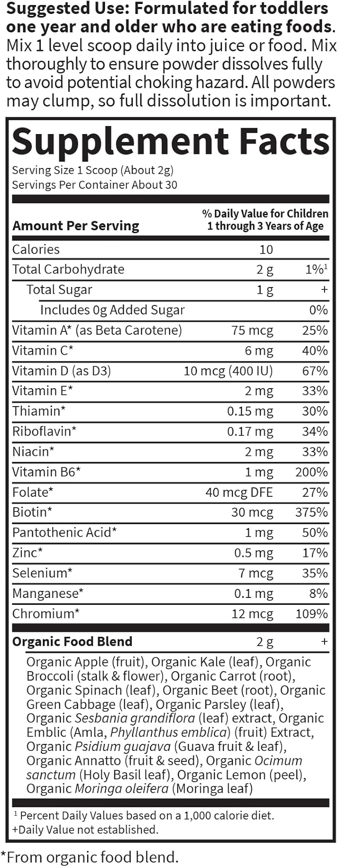 Garden of Life Kids Multivitamin Powder, Daily Vitamins and Minerals for Toddlers & Kids - Organic Toddler Multi Powder with 15 Vitamin C, D3, Zinc for Healthy Growth - Gluten Free - 30 Day Supply