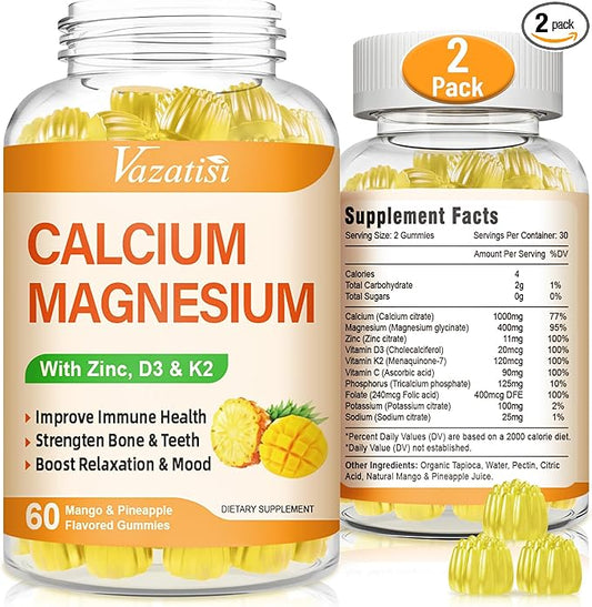 Calcium Magnesium Zinc Gummies with Vitamin D3 and K2, High Absorption Magnesium Glycinate Potassium for Immune and Calm Mood, Vegan Mango and Pineapple Flavor 120 Gummies