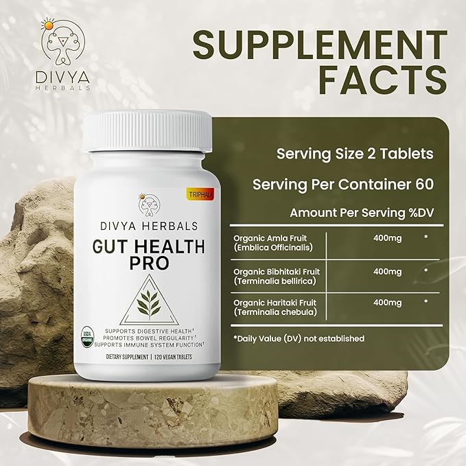 Gut Health Pro - Detox, Digestive Health, Gas & Bloating Relief - Constipation Support - Immune Boost - Organic Triphala Supplement - for Women & Men - Uncoated Vegan Tablets - 60 Svgs