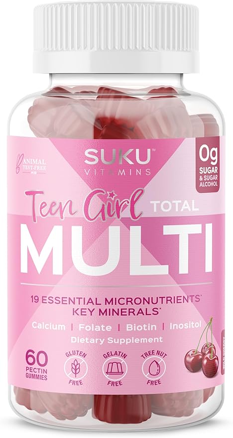 Teen Girl Gummies – Sugar Free Vegetarian Gummy Vitamins Supplement with 19 Essential Nutrients Strengthens Bones, Muscles, Enhances Energy & Skin Health – Cherry Flavor (60 Count)