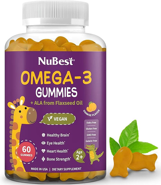 NuBest Omega 3 Gummies for Kids & Teens with Flaxseed Oil | Supports Brain Growth, Mental Clarity, Focus, and Eye Health | No Added Sugar | Delicious Orange Flavor | 60 Premium Vegan Gummies