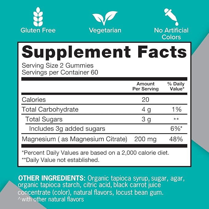 Qunol Magnesium Gummies for Adults, 200mg Elemental Magnesium (from 1,750mg Magnesium Citrate), High Absorption Magnesium Supplement, Supports Nerve, Bone and Muscle Health, Vegetarian, 120 Count