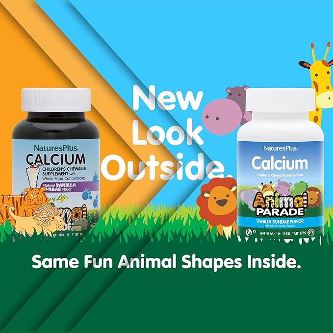 NaturesPlus Animal Parade Calcium, Vanilla Sundae Flavor - 90 Animal-Shaped Chewable Tablets - Promotes Healthy Bones - Vegan, Gluten Free - 90 Total Servings