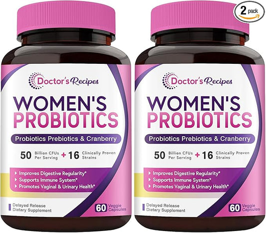 Doctor's Recipes Women's Probiotics, 50 Billion CFU 16 Strains, with Organic Prebiotics Cranberry, Shelf Stable, Delayed Release, 120 Capsules (Pack of 2), 60 Day Supply