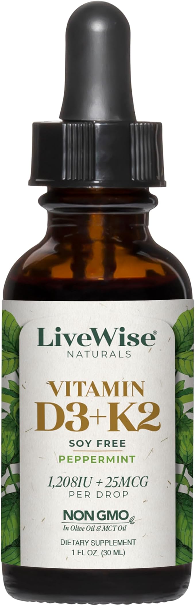 LiveWise Naturals Vitamin D3 with K2 Liquid Drops, All Natural, Non-GMO, USA Made, 1208 IU Vitamin D3 & 25 mcg K2, Supports Bone Health and Energy Levels, Infused with Peppermint, Olive, and MCT Oil