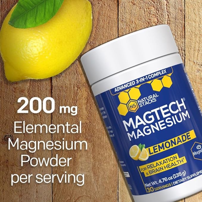 Magtein Magnesium L-Threonate, Glycinate & Taurate - MagTech Magnesium Powder - Sugar Free Lemonade Drink - 200mg Chelated Triple Complex - Supports Relaxation & Brain Health* - 30 Servings
