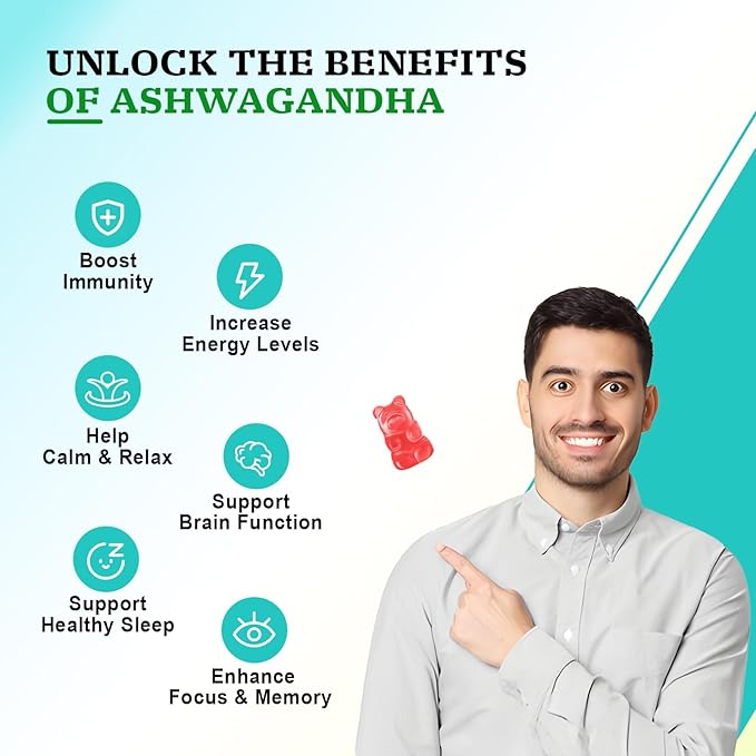 Ashwagandha Gummies with Turmeric GABA Mood Energy and Immune Support, Strawberry Flavor 60 Cts