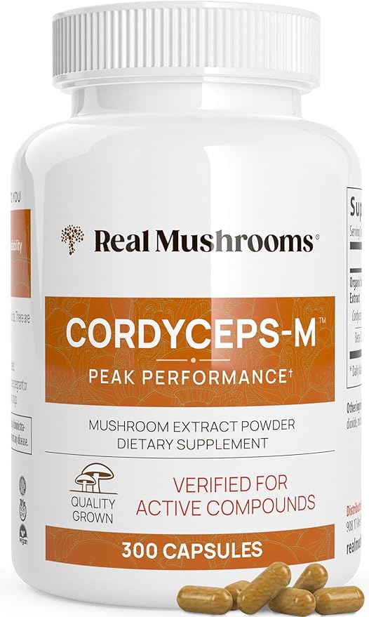 Real Mushrooms Cordyceps Capsules - Performance Mushroom Extract Supplement with Organic Militaris for Energy Immune Support Vegan Supplement, Non-GMO, 300 Caps