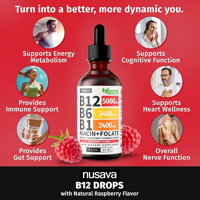 (2 Pack) Vitamin B12 and B6 Liquid Drops, B12 Sublingual Vitamin B Complex - B 12 Vitamin 5000mcg - B12 Methylcobalamin for Energy, Brain, and Heart Support with 27,200 mcg, Raspberry, 80 Servings