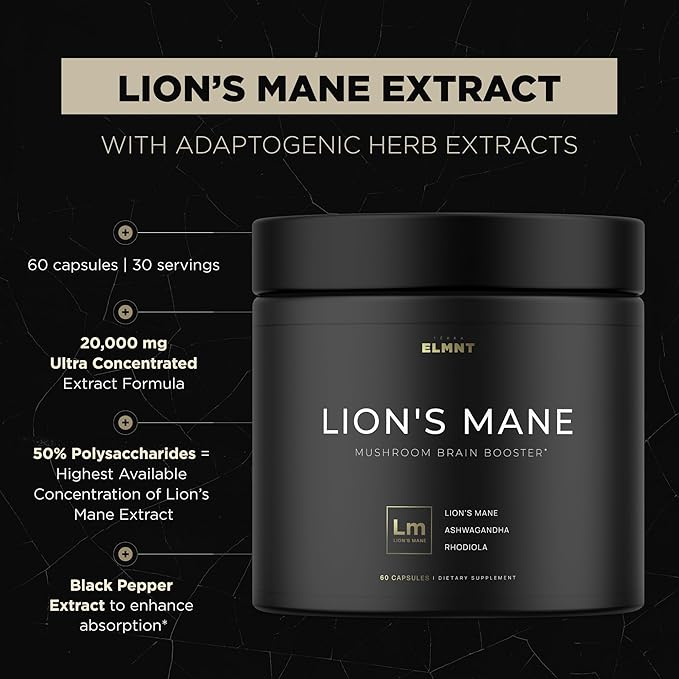 20,000mg 16x Strength Lions Mane Supplement Capsules Super Nootropic w. Ashwagandha & Rhodiola - Highest Potency Lion's Mane Mushroom Extract 50% Polysaccharides Brain Supplements for Memory and Focus