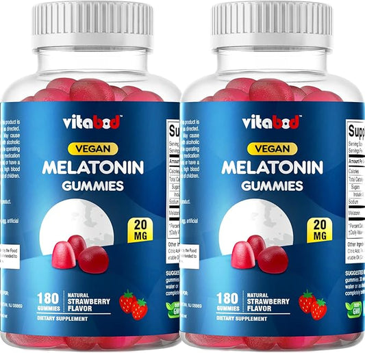 Melatonin 20mg Gummies - 180 Count - Drug Free - Natural Strawberry Flavor - Vegetarian, Non-GMO, Gluten Free (2 Bottles)